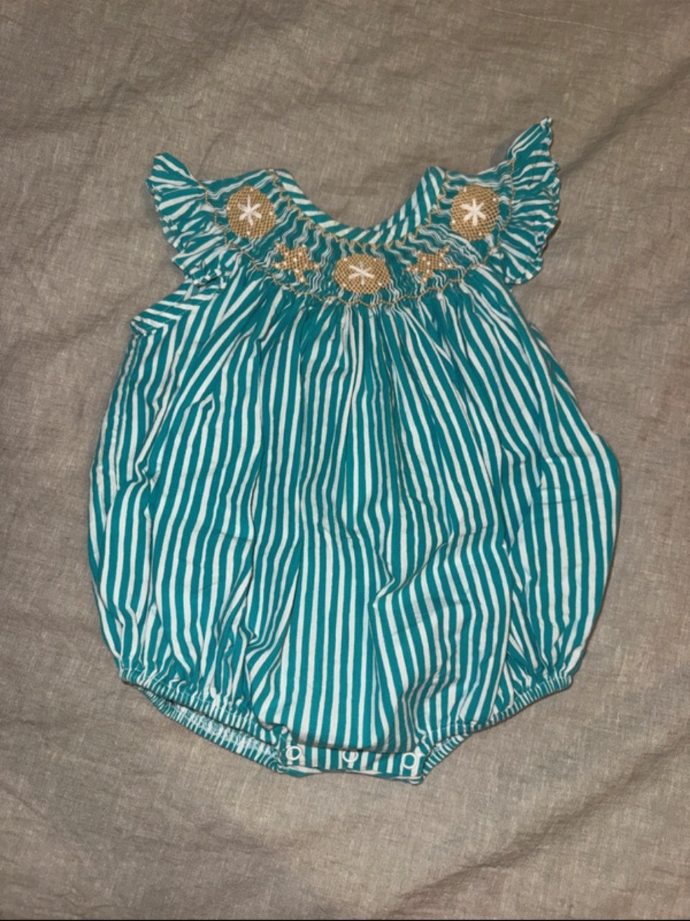 Striped Teal Smocked Baby Bubble Romper